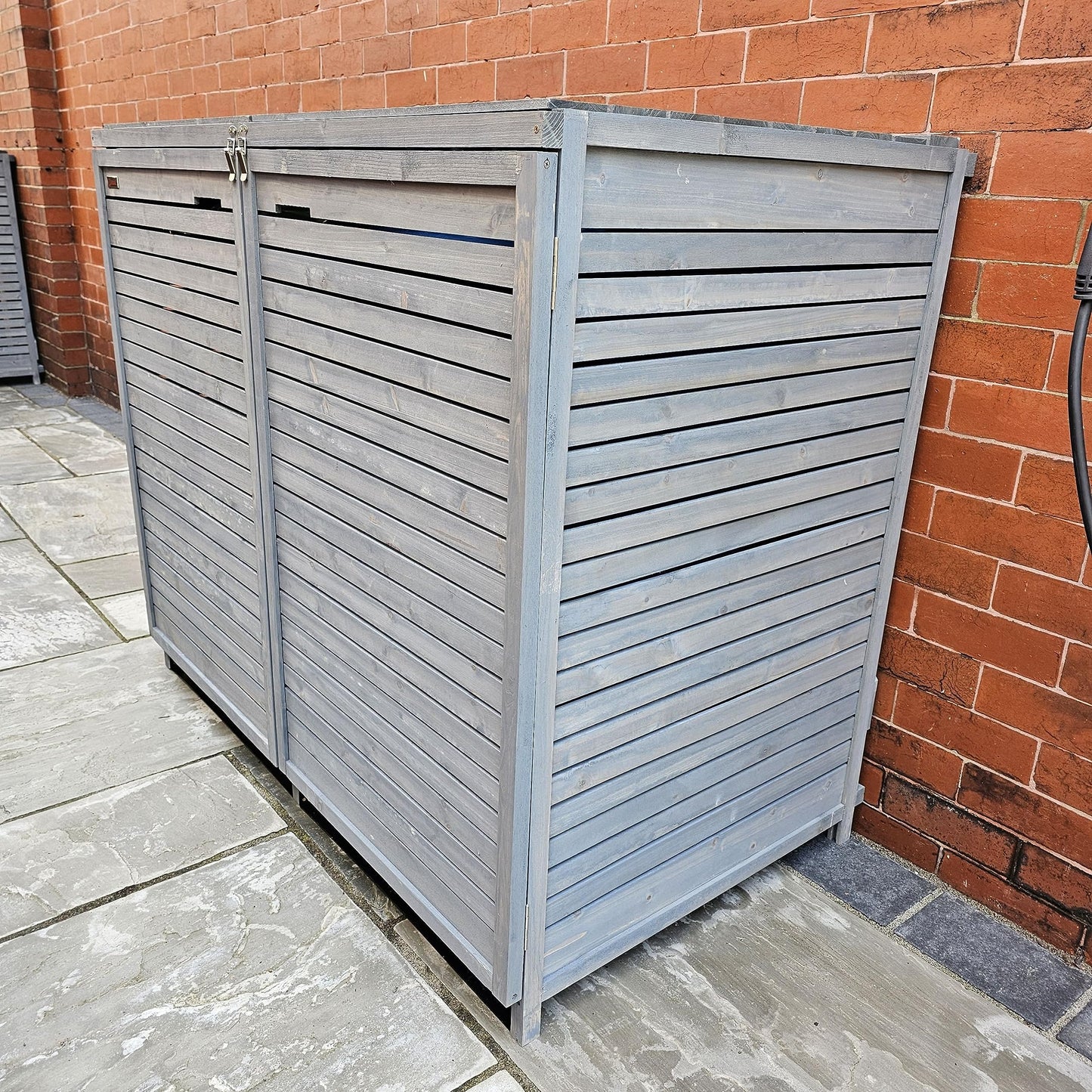 Factory Seconds 1.35m x 1.14m Large Grey Wooden Outdoor Garden Double Wheelie Bin Store Storage for 2 Bins