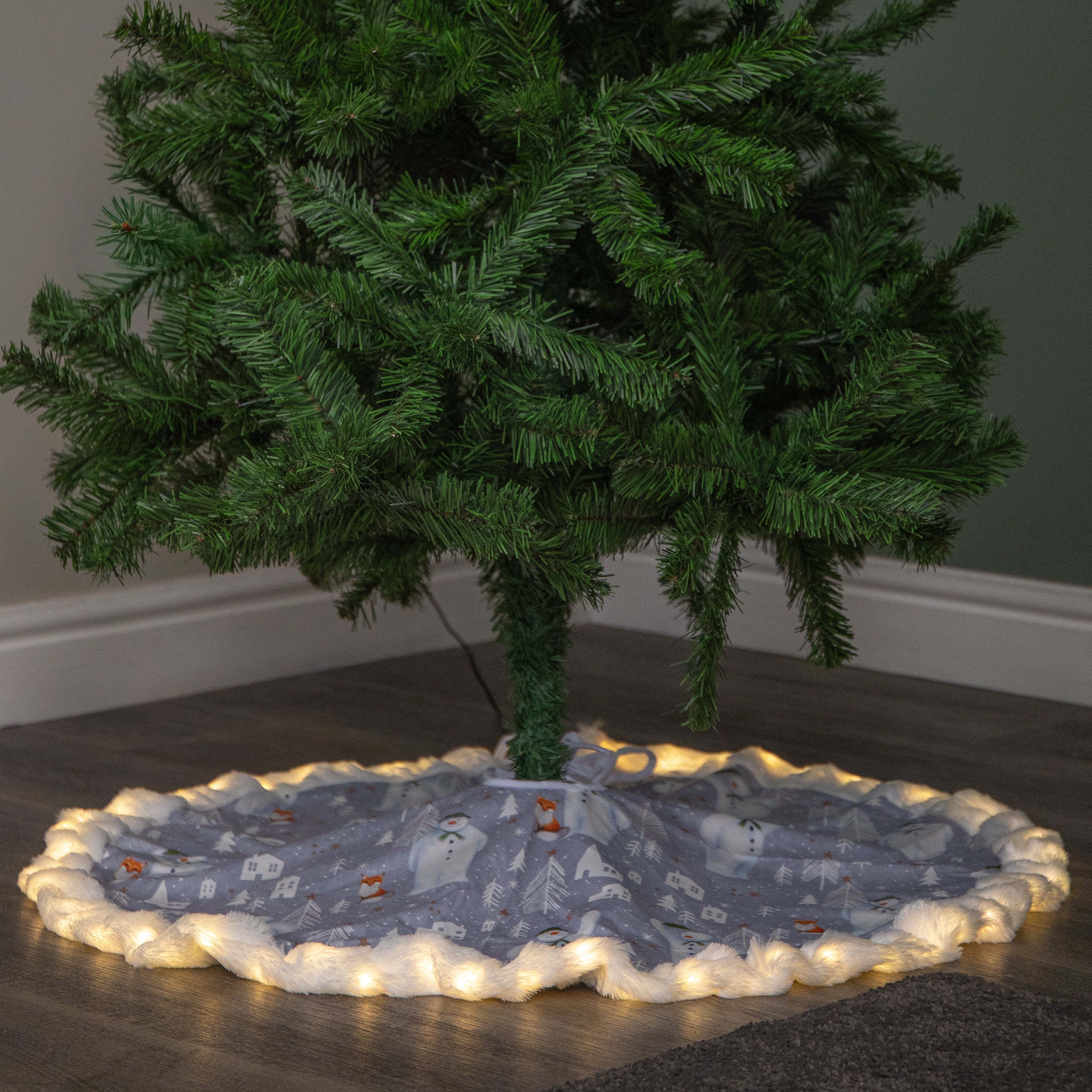 90cm USB Powered Light up The Snowman Fabric Christmas Tree Skirt with LEDs