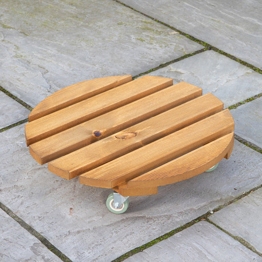 30cm Heavy Duty Round Wooden Garden Plant Pot Flower Stand on Wheels