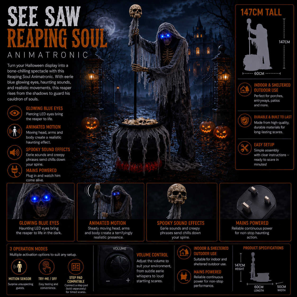 6ft Tall Animated Stirring Cauldron Creep Skeleton Halloween Decoration with LED Eyes