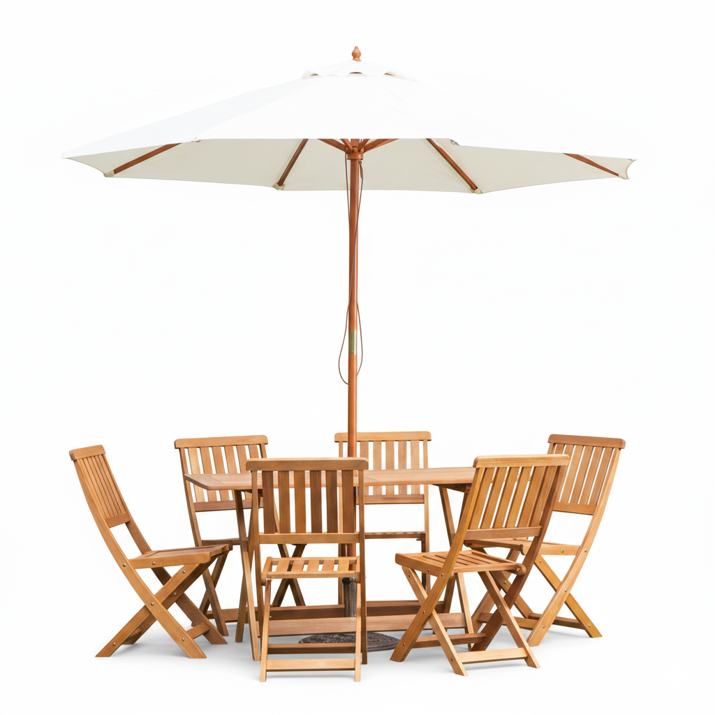 Outdoor 6 Person Folding Rectangular Wooden Garden Dining Table Chairs Cream Parasol and Base set