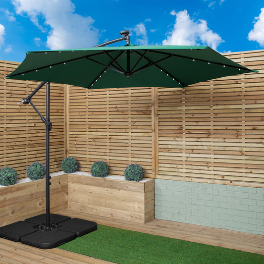 3m Solar Powered Lit Banana Cantilever Garden Parasol with LEDs & Base Weights Included in Green