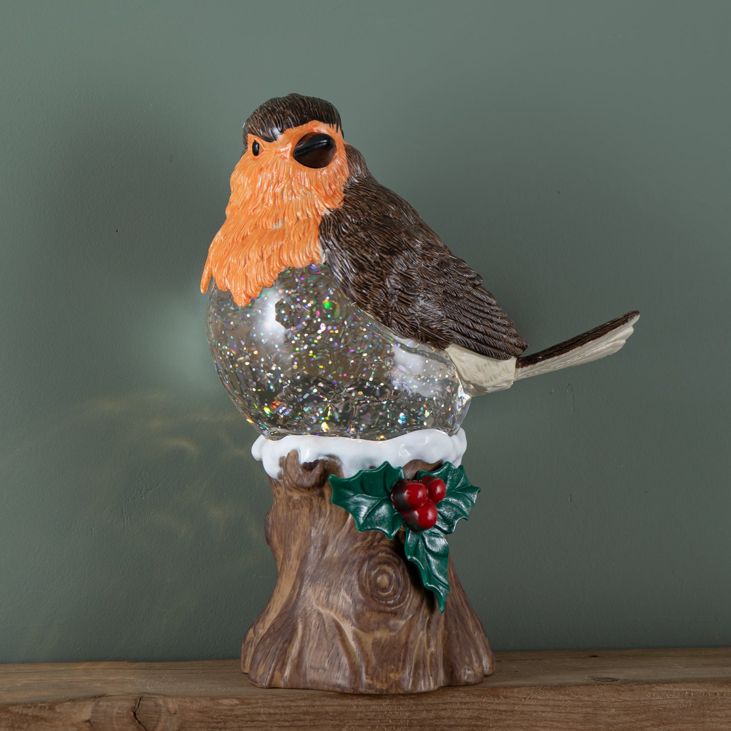 26cm Battery Operated Light up Christmas Robin Water Spinner with Warm White LEDs