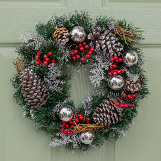 The Tree Company 40cm Festive Silver Dressed Christmas Wreath With Pinecones and Red Berries