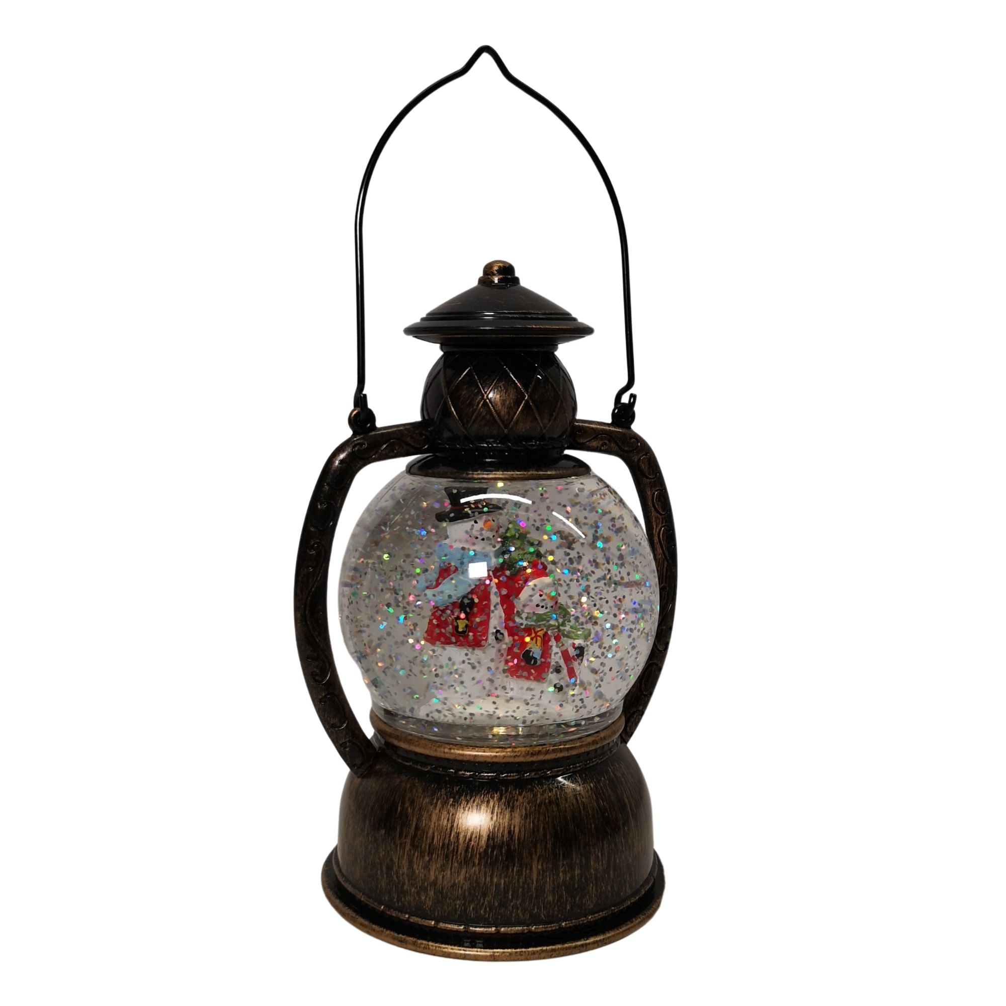 20cm LED Christmas Glitter Water Spinner Antique Lantern Snowy Snowman Scene
