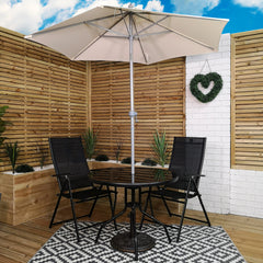 Outdoor 2 Person Round Glass Top Garden Patio Dining Table Chairs Cream Parasol and Base Set