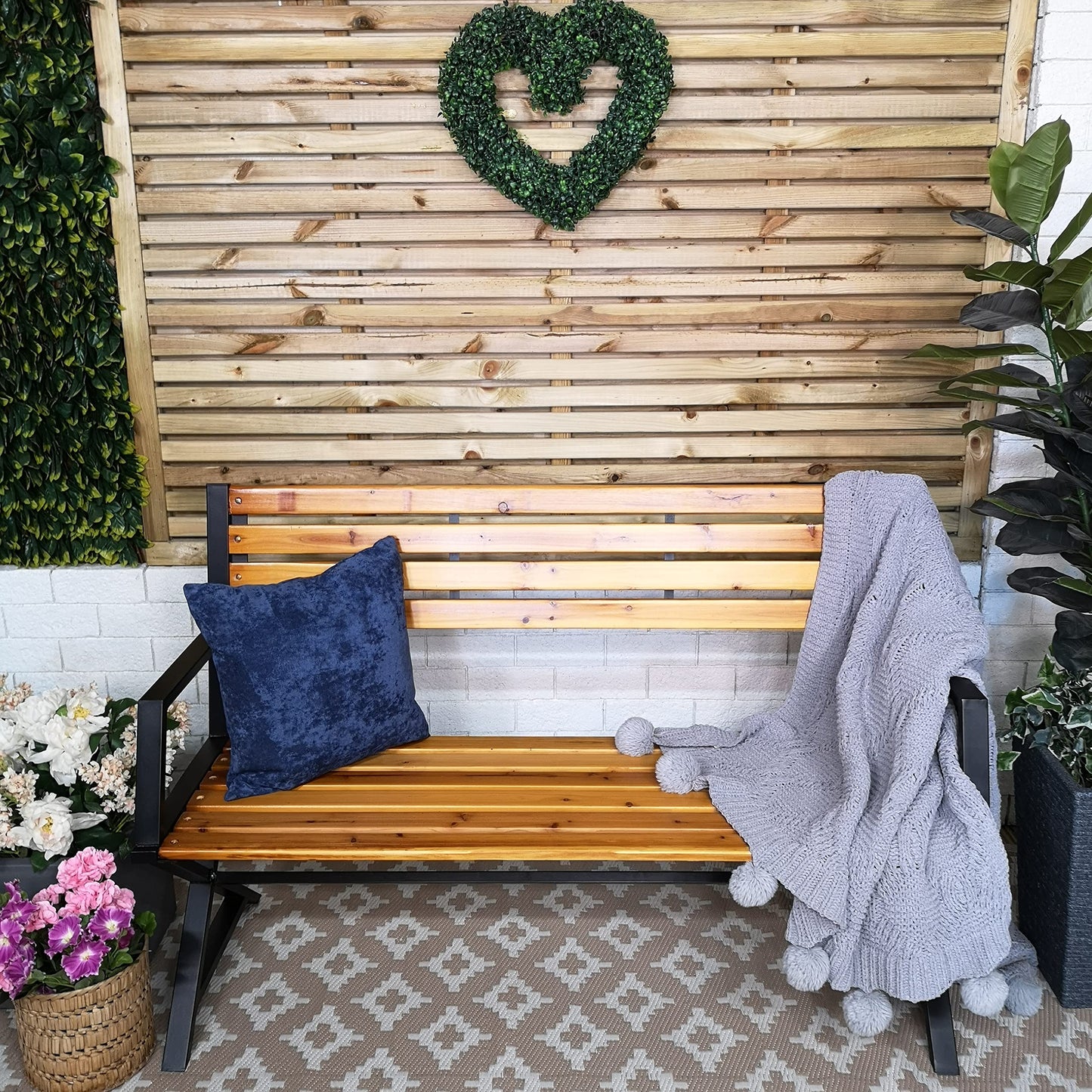 Factory Seconds: Kendal 2 Person Outdoor Modern Cross Design Metal Wooden Garden Patio Bench