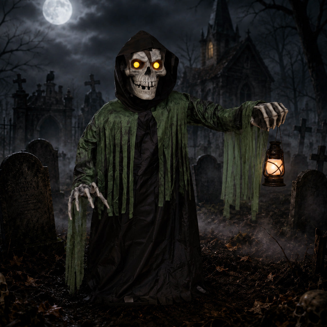 1.47m Tall Light up Corroded Rise Up Reaper Skeleton Halloween Animatronic Decoration
