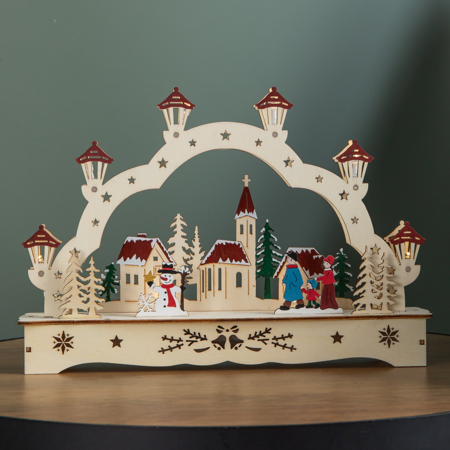 28cm Battery Operated Wooden Christmas Festive Village with LEDs