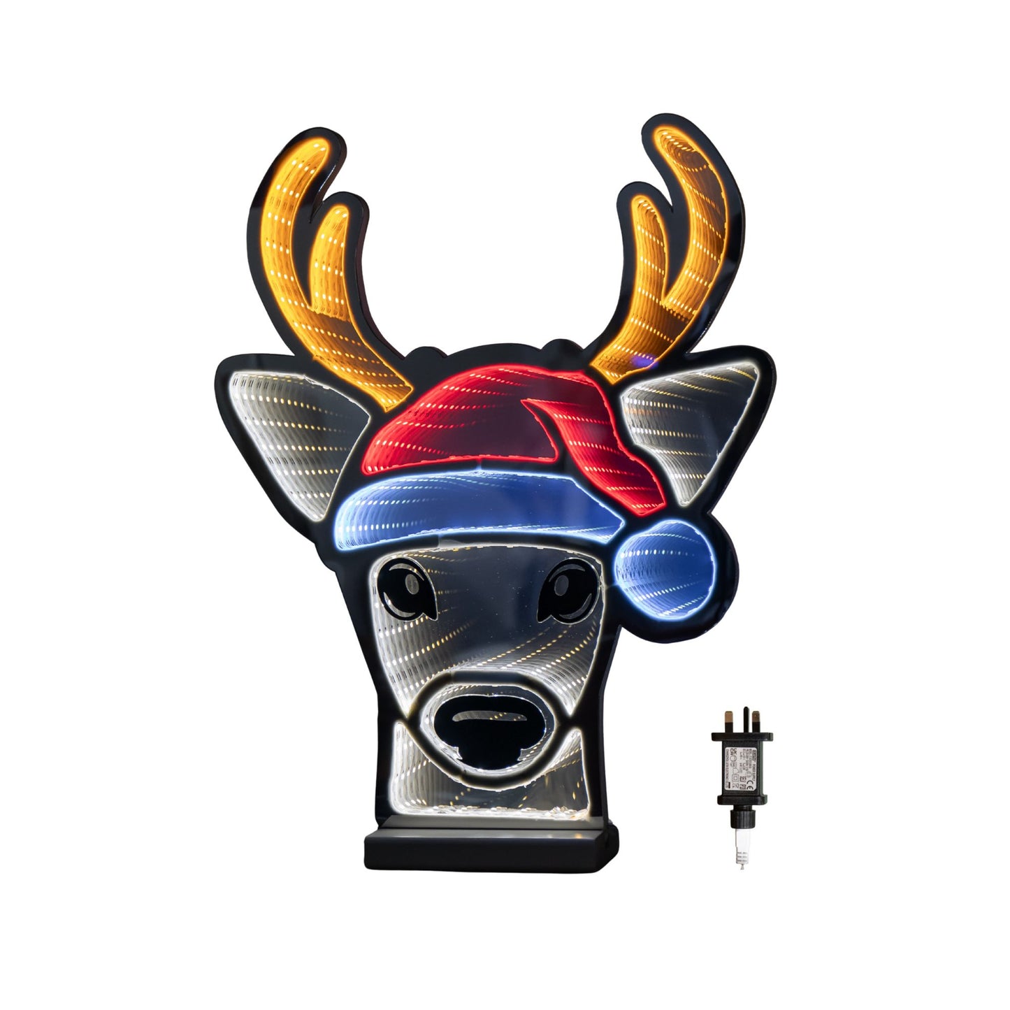 40cm Light up Christmas Deer Head in Santa Hat Infinity Decoration with LEDs