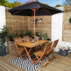 Outdoor 4 Person Folding Rectangular Wooden Garden Patio Dining Table Chairs Parasol and Base Set 