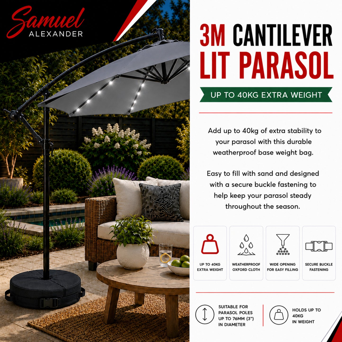 3m Solar Powered Cantilever Lit Banana Garden Parasol with Crank Handle & White LED Lights in Grey with Base Bag Included