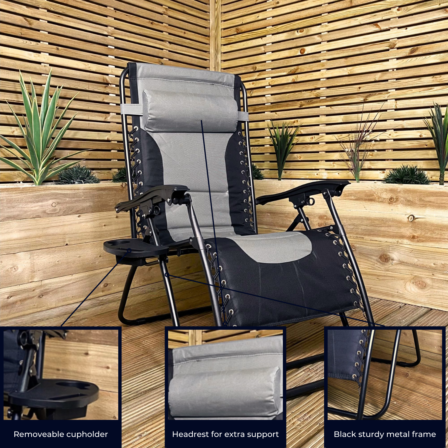 Set of 2 Luxury Padded Multi Position Zero Gravity Garden Relaxer Chair Lounger in Grey & Black