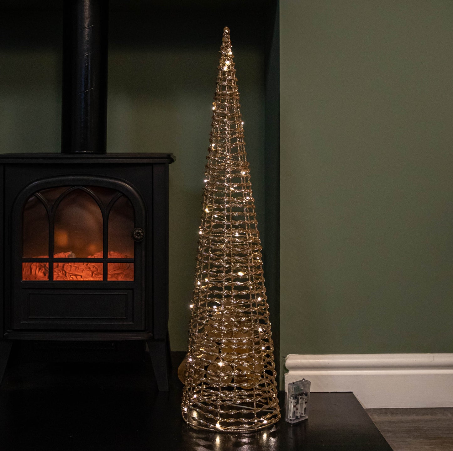 Set of 3 Gold Glitter Twist Christmas Cone Trees with 90 Warm White LEDs 