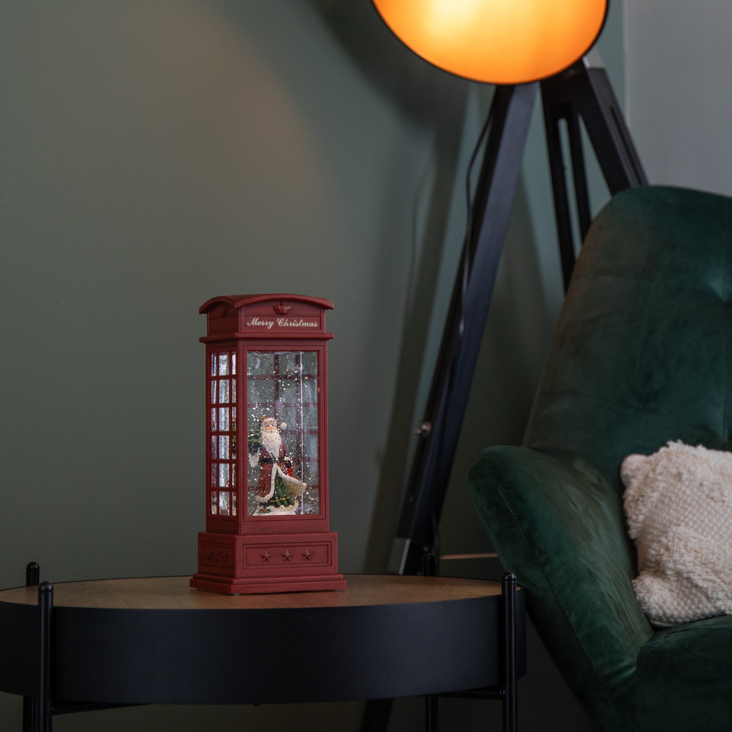 25cm Battery Operated Light up Christmas Phone Box Water Spinner with Santa Scene & LEDs