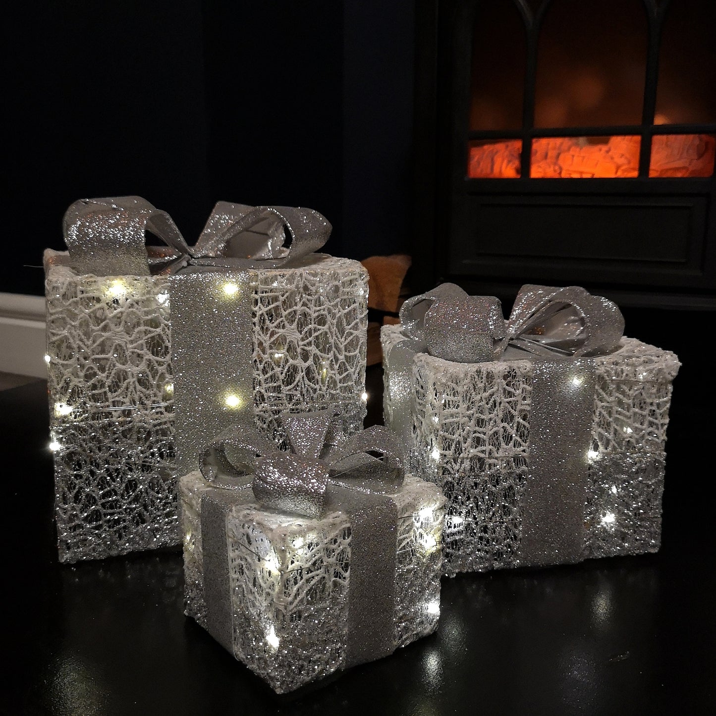 Set of 3 Battery Operated Silver Sparkly Christmas Gift Boxes with LEDs