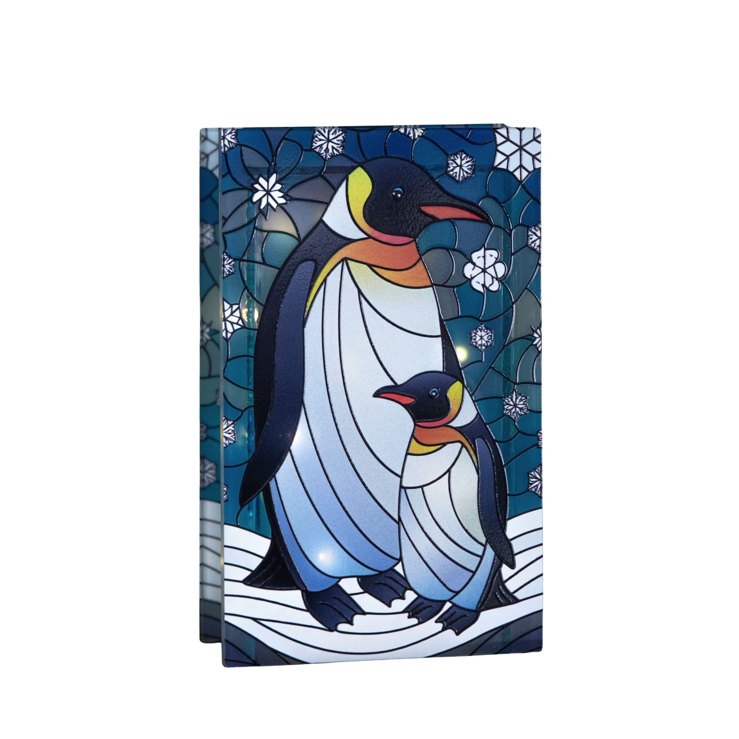 21cm Battery Operated Light up Double Sided Stained Glass Mother & Baby Penguin Decoration with LEDs