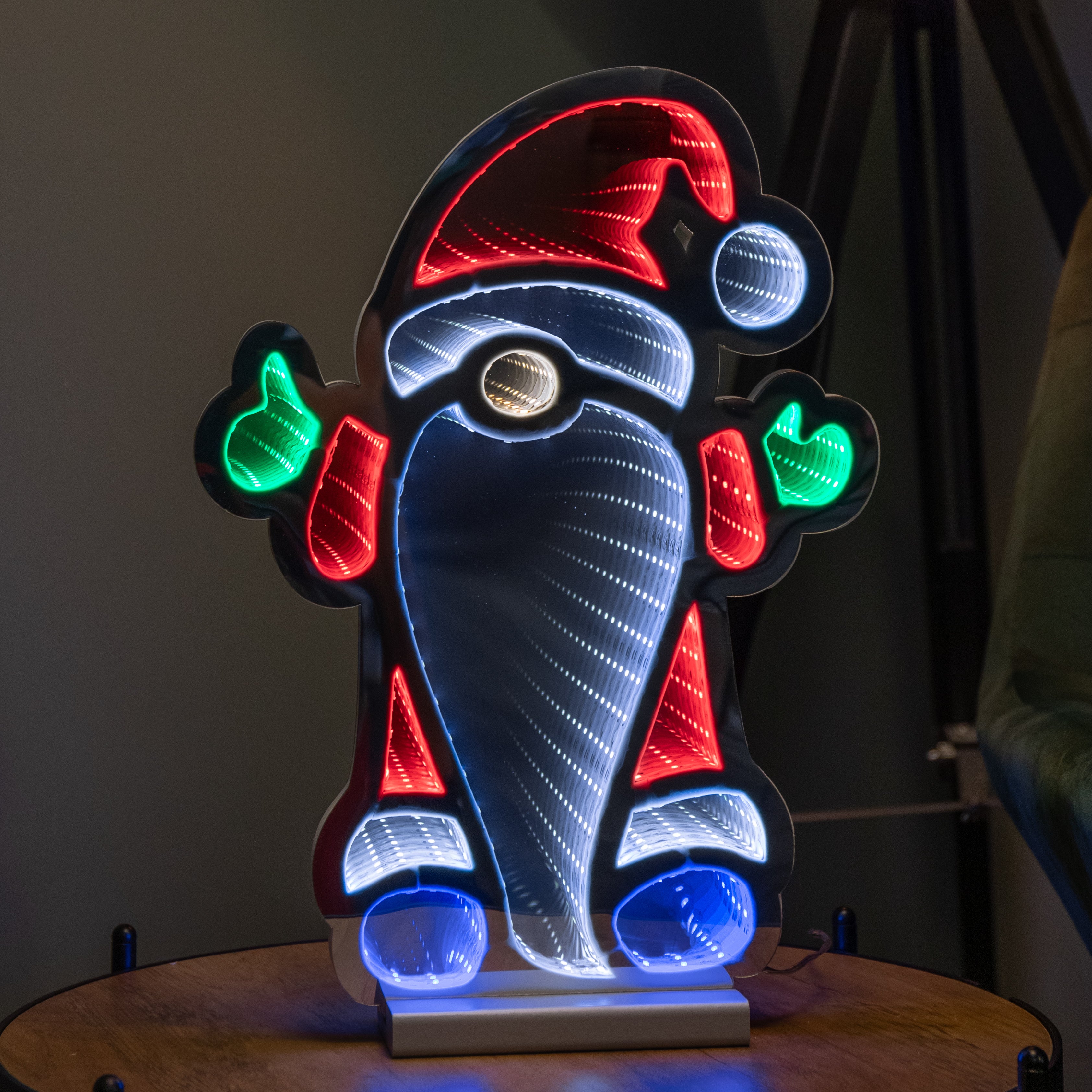 40cm Light up Standing Gnome Christmas Infinity Decoration on Wooden Base with LEDs