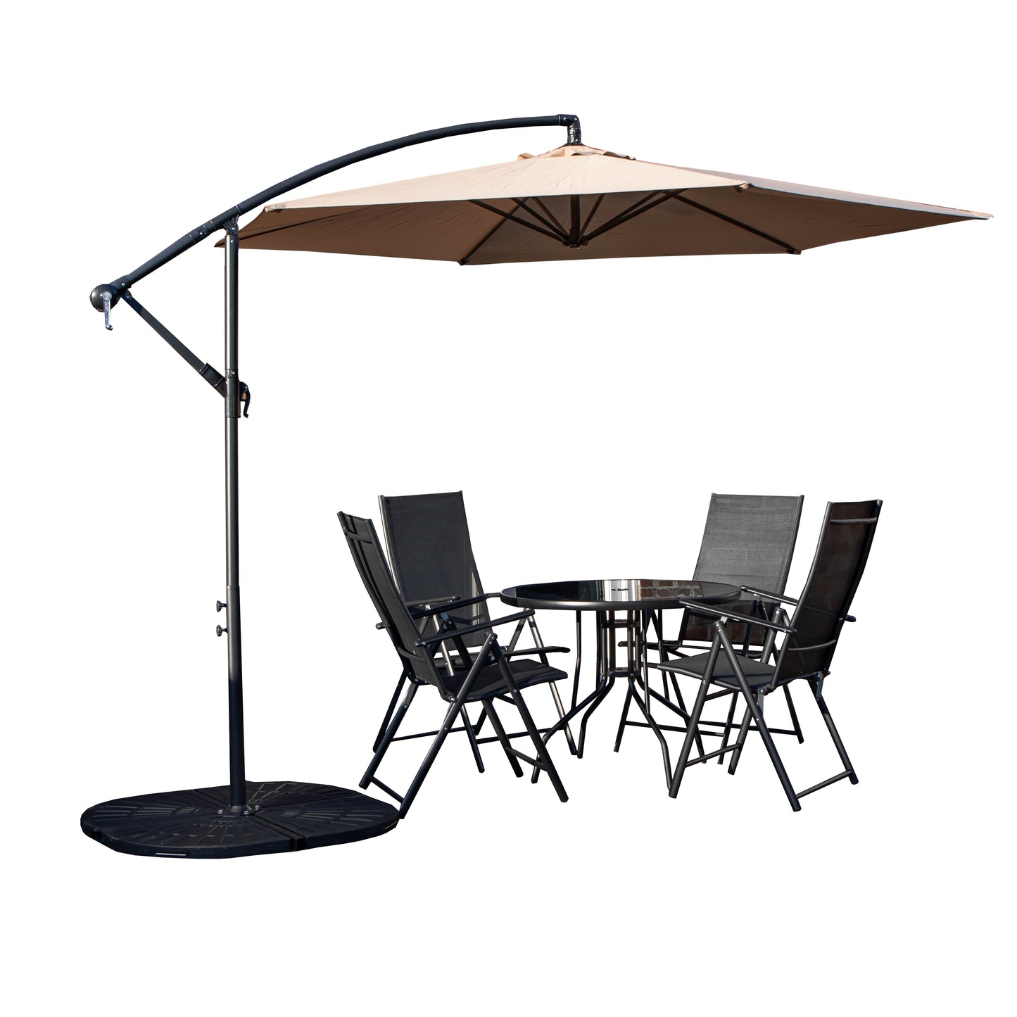 Outdoor 4 Person Round Glass Top Garden Dining Table Chairs With Beige Banana Parasol and Base