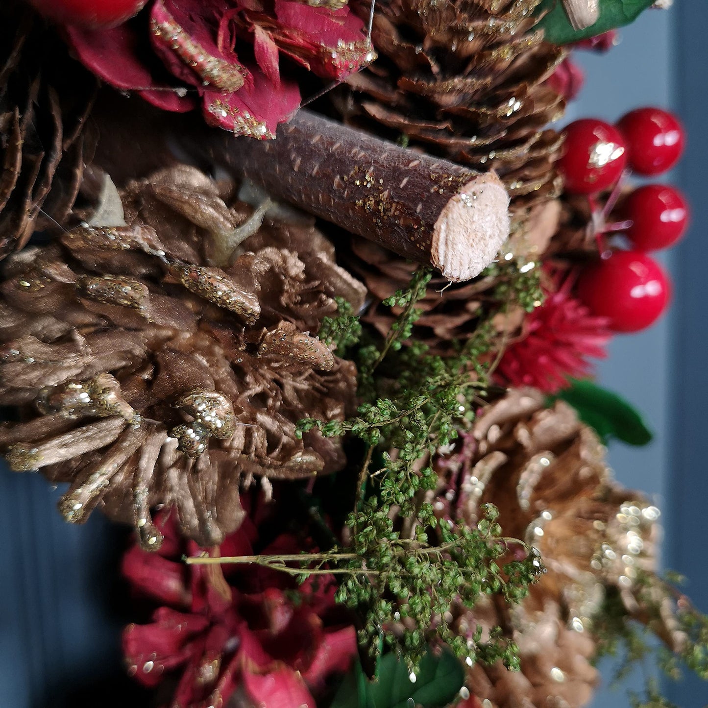 36cm Christmas Wreath in Gold & Red with Pine Cones and Berries