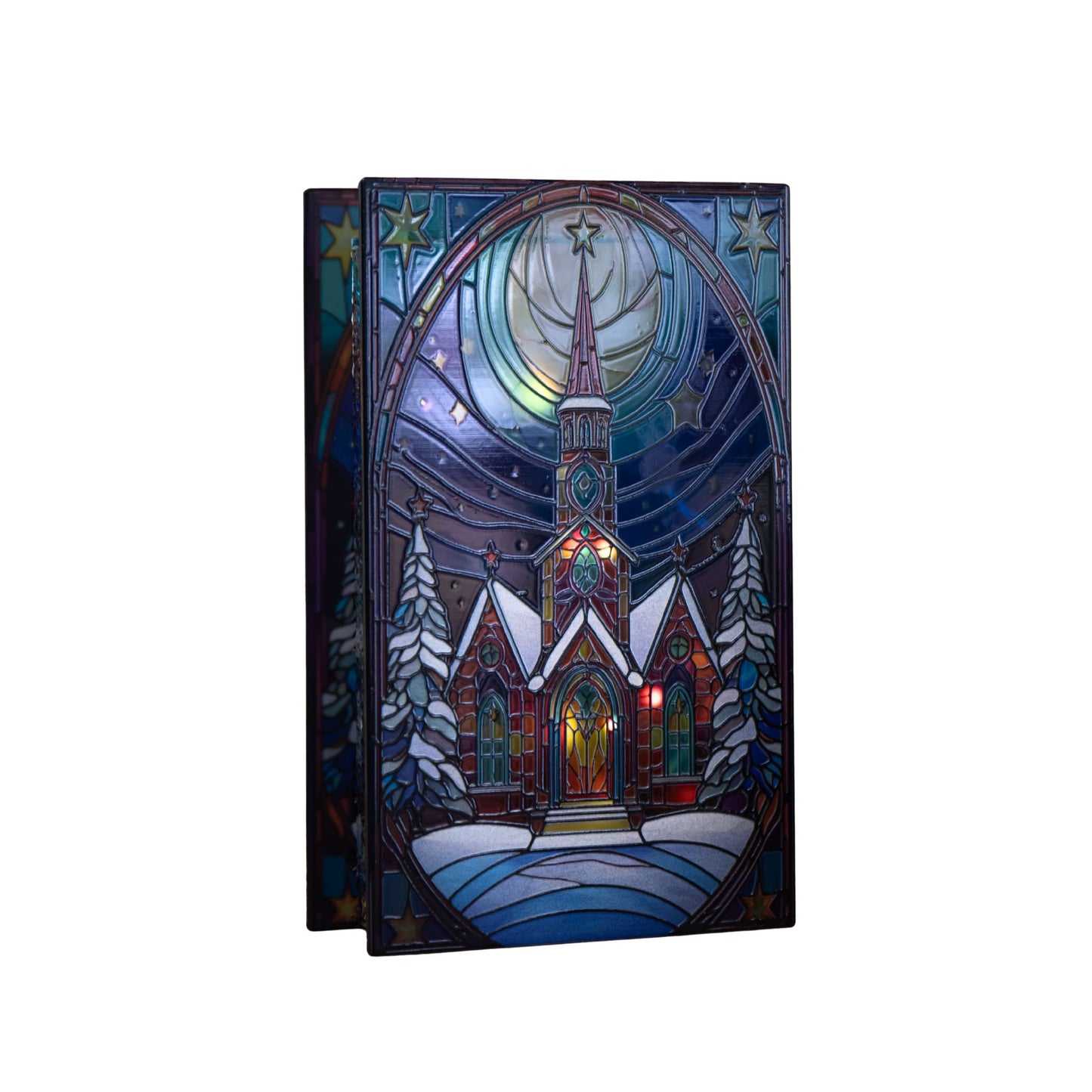21cm Battery Operated Light up Stained Glass Christmas Decoration with Church Scene & Warm White LEDs