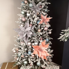 50cm Silver Velvet Poinsettia Stem with Glitter Christmas Decoration