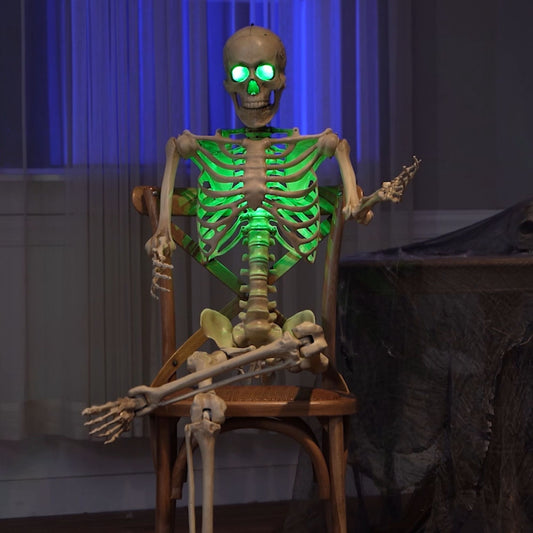 Factory Seconds: 5ft (152cm) Battery Powered Light up Halloween Skeleton with Poseable Joints & Green LEDs