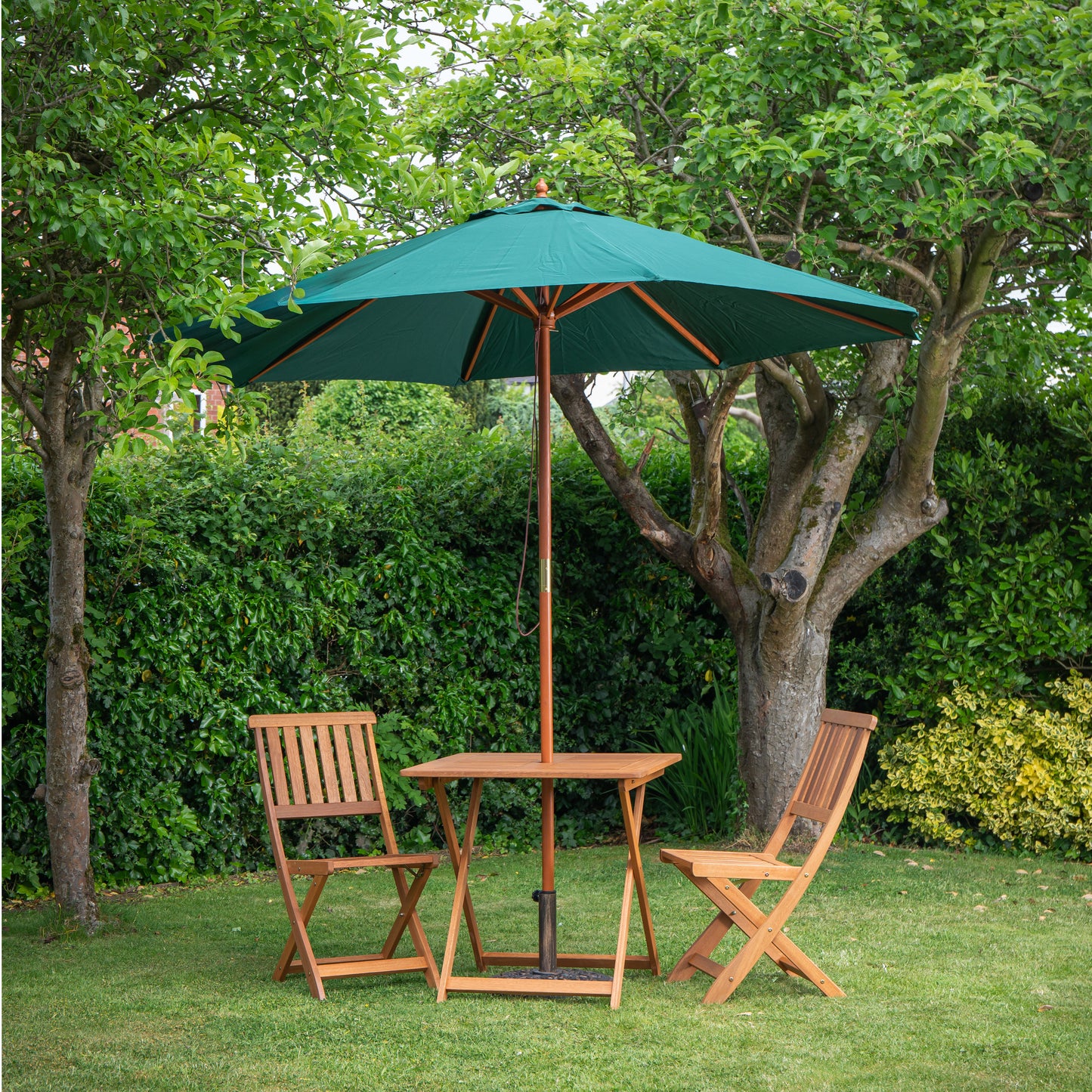 Outdoor 2 Person Folding Square Wooden Garden Dining Table Chairs Green Parasol and Base Set