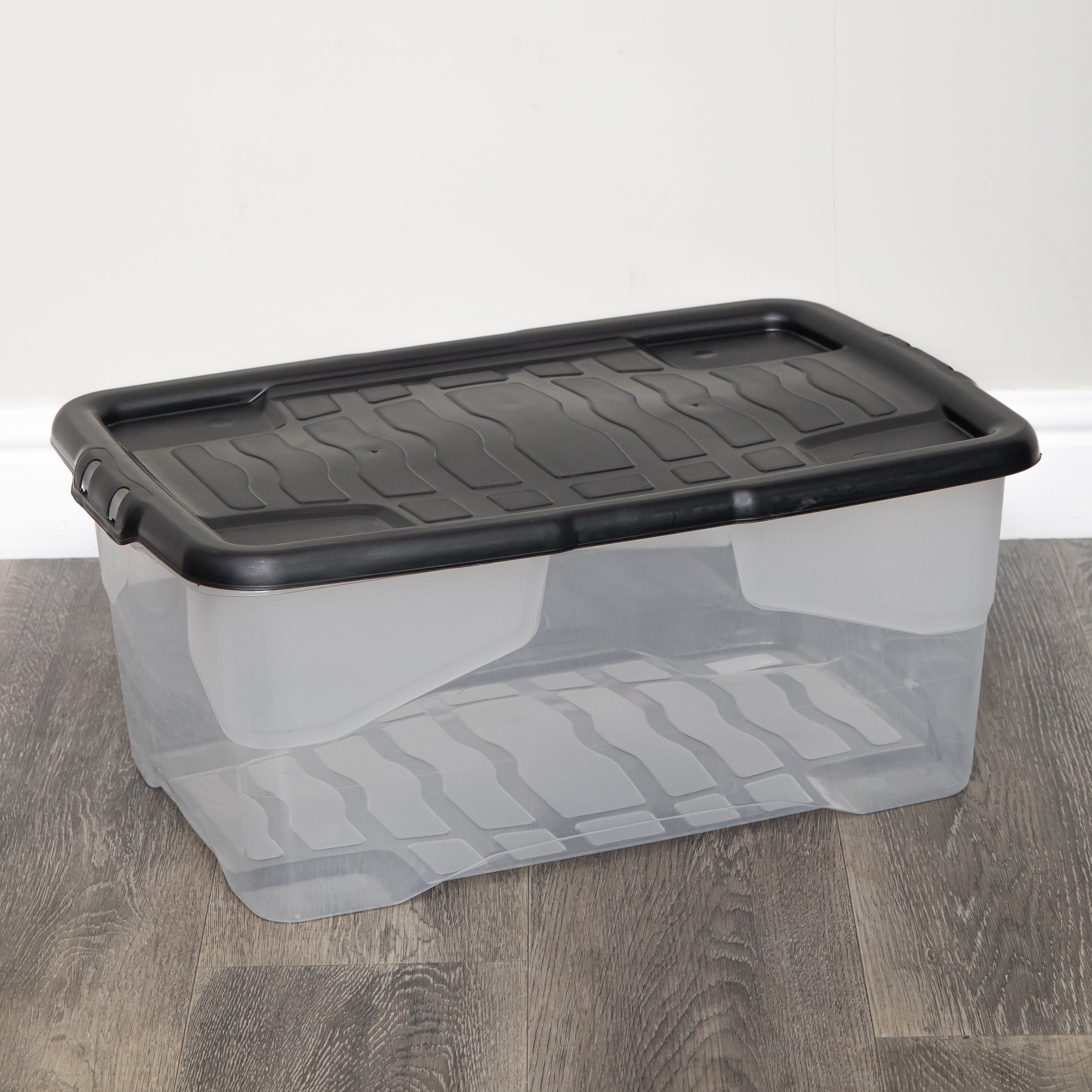 42L Clear Storage Box with Black Lid, Stackable and Nestable Design Storage Solution