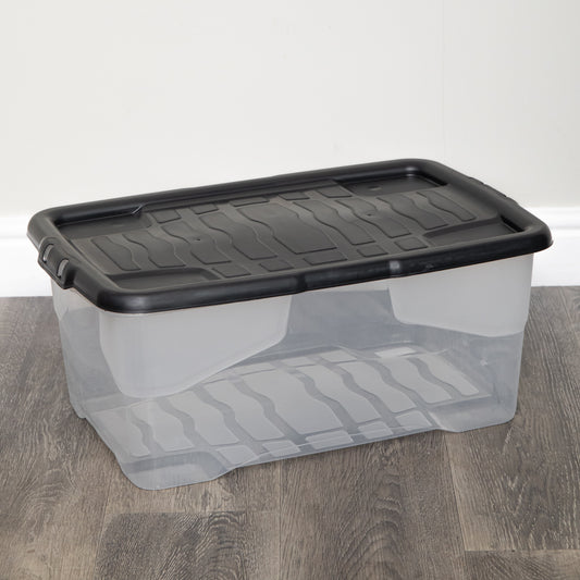 42L Clear Storage Box with Black Lid, Stackable and Nestable Design Storage Solution