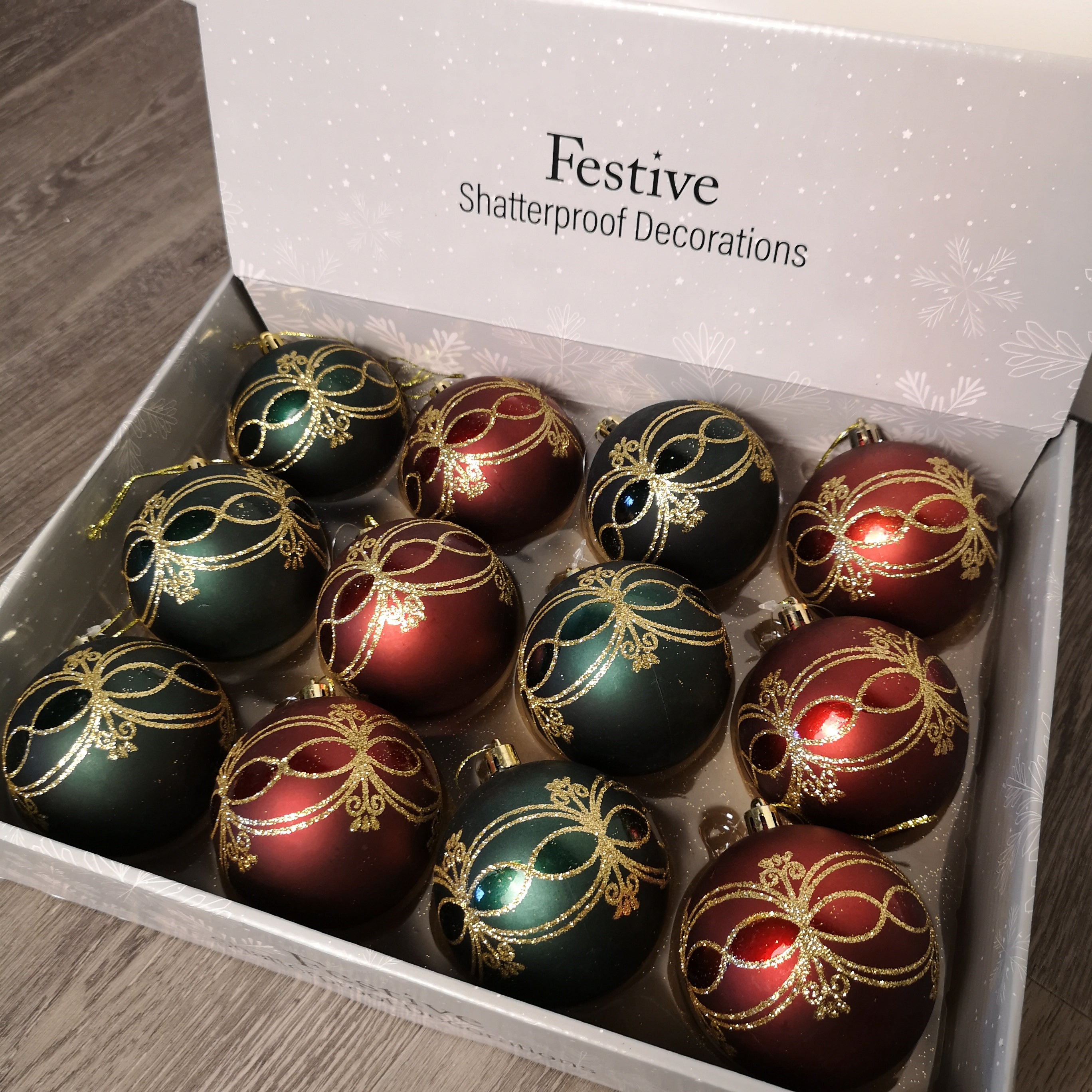 Box of 12 8cm Assorted Red and Green Shatterproof Christmas Bauble Decorations