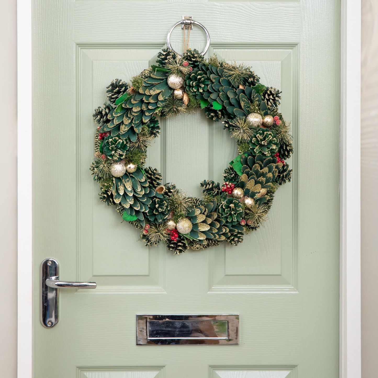50cm Bauble and Pinecone Hanging Christmas Wreath with Red Berries