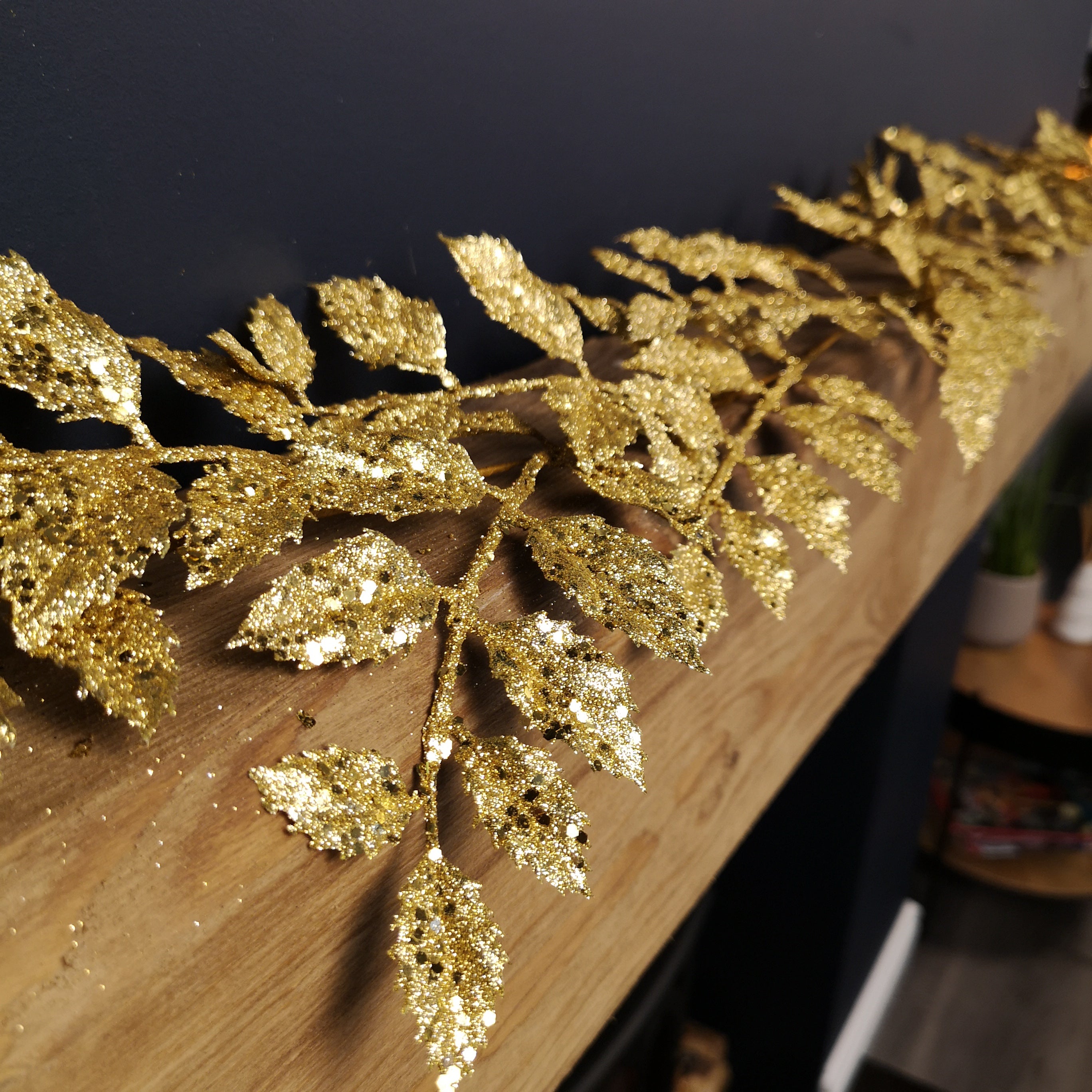 1.8m Gold Glitter Leaf Christmas Garland Decoration with Hanging Loop