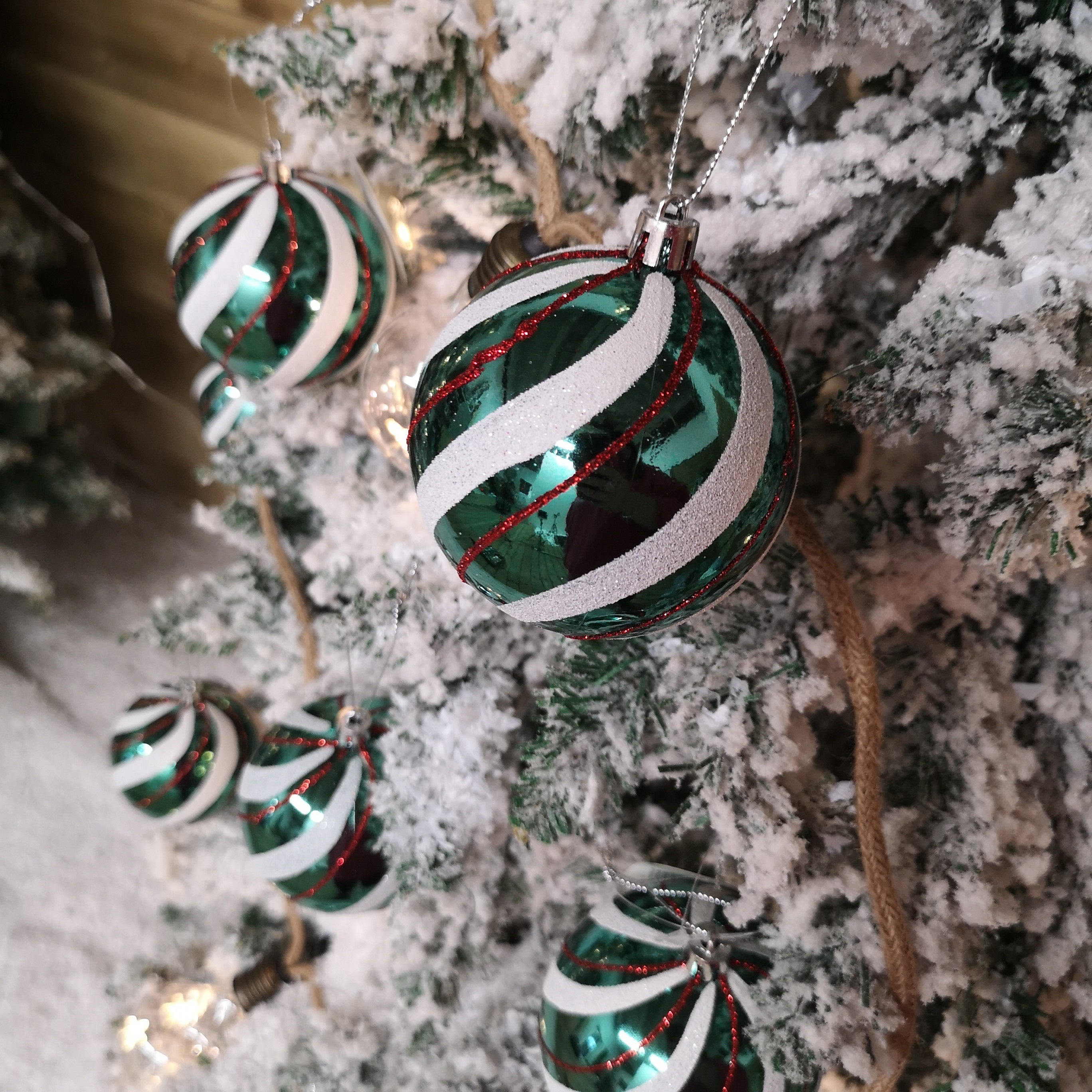 Box of 12 8cm Green with White and Red Glitter Shatterproof Christmas Bauble Decoration in PDQ