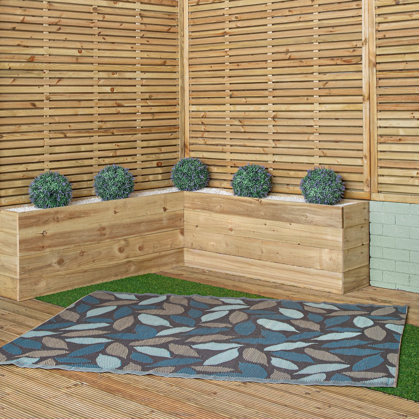 1.5m x 2.1m Flora Leaves Large Outdoor Alfresco Patio Rug Mat in Blue