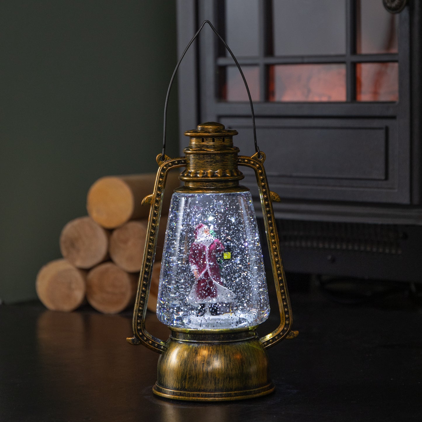 24cm Dual Powered Light up Antique Lantern Christmas Water Spinner with Santa Scene