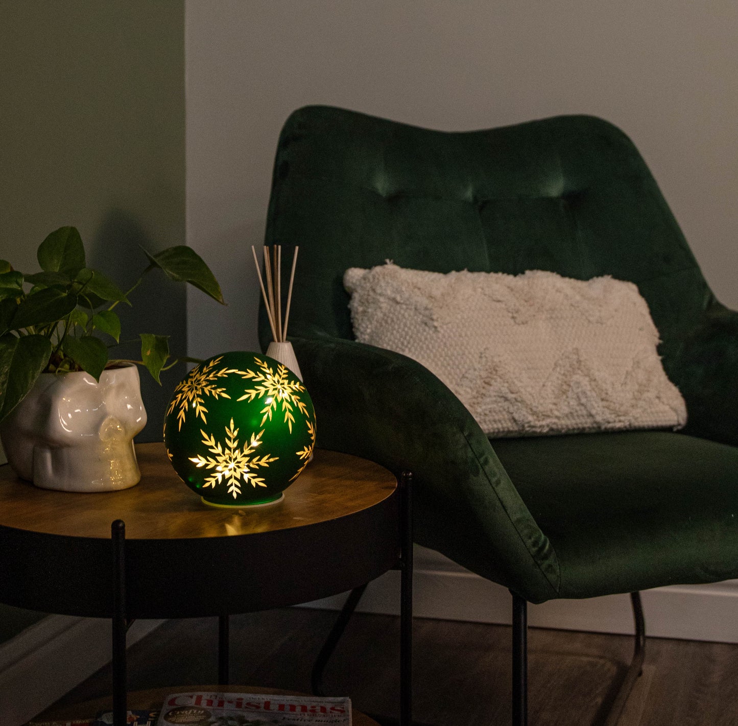 15cm Battery Operated Light up Snowflake Glass Ball in Green with Warm White LEDs