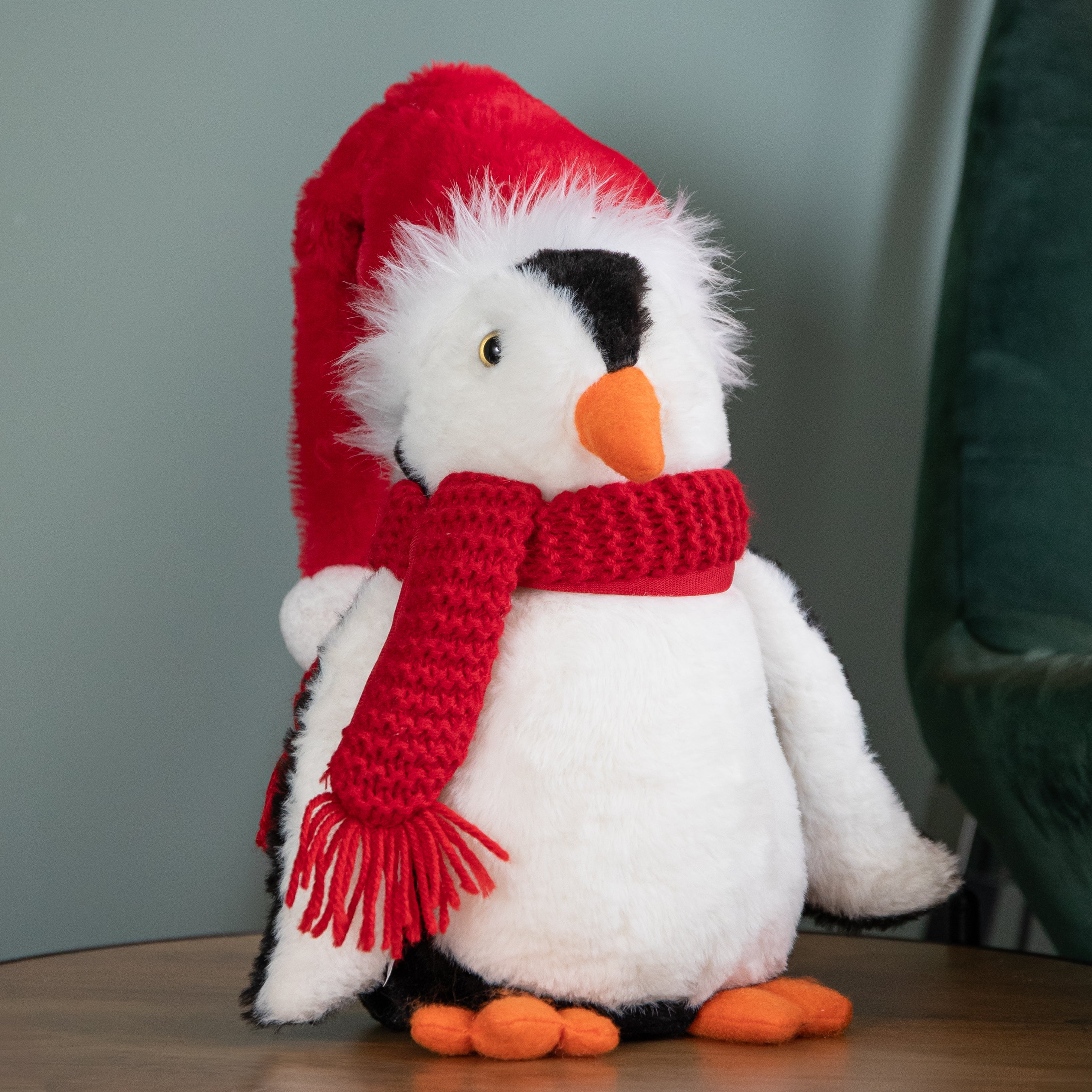 30cm Soft Cuddly Puppa Penguin Christmas Decoration with Santa Hat