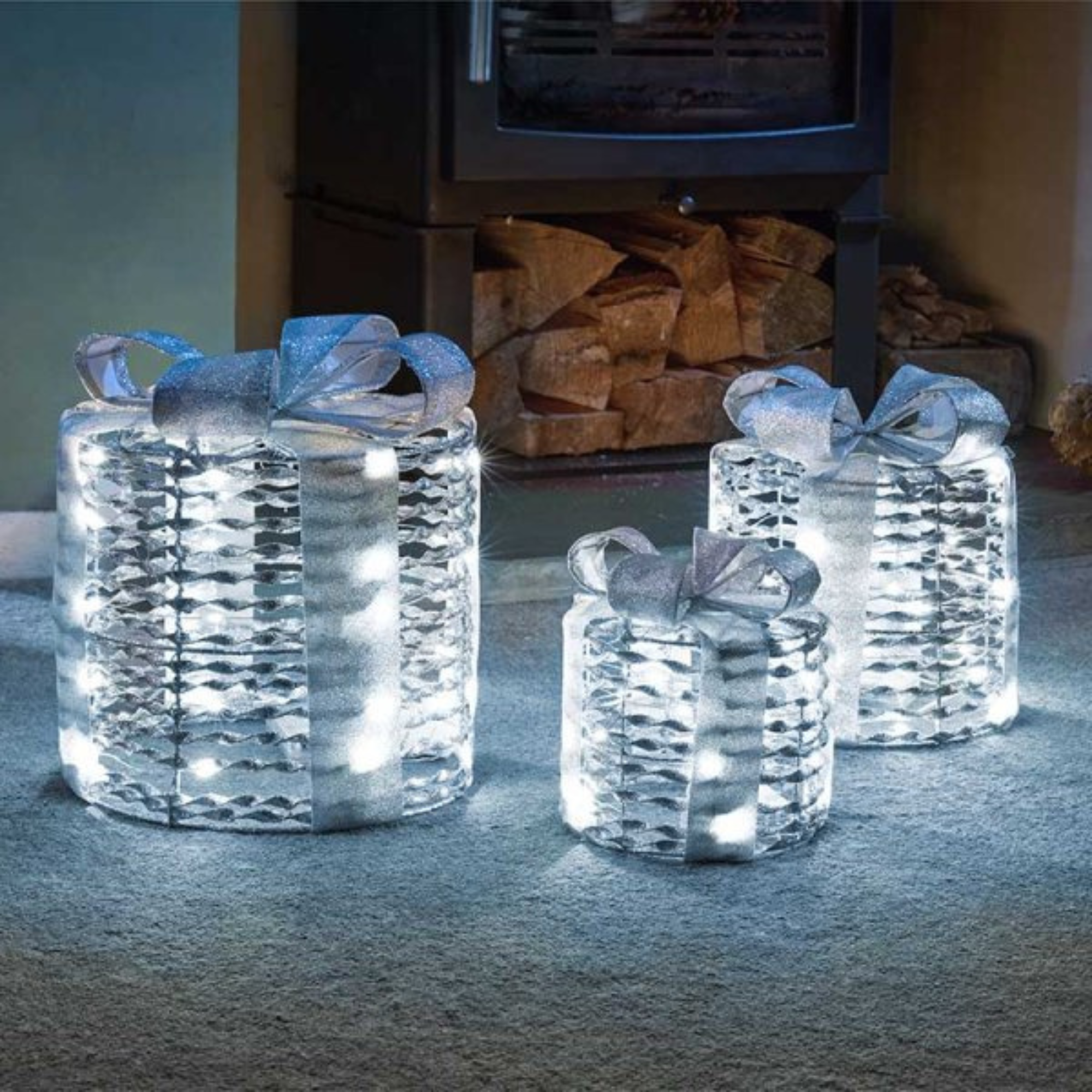 Set of 3 Battery Operated Silver Christmas Glitter Twist Gift Boxes with Cool White LEDs