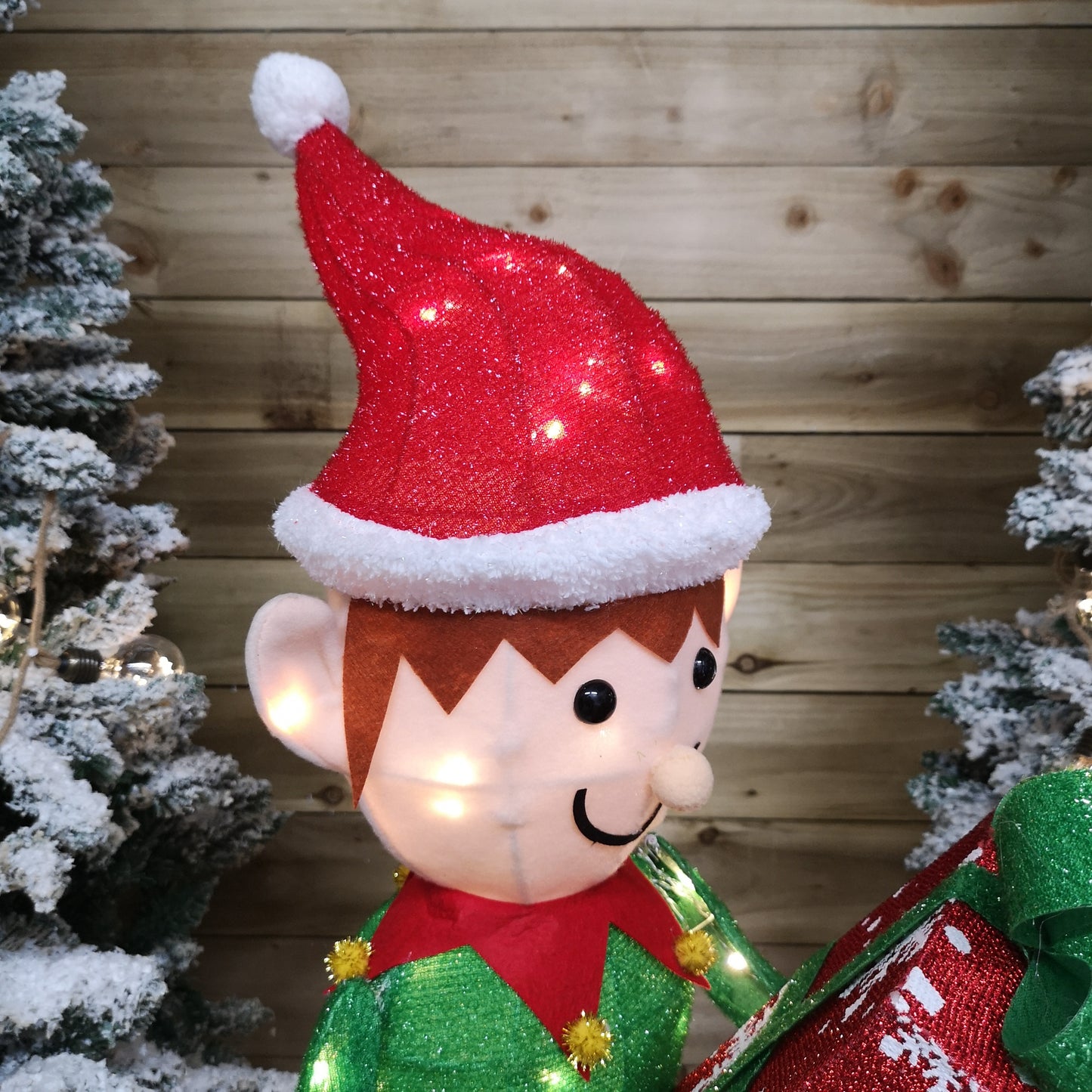 107cm Warm White LED Lit Elf Character with Present Christmas Decoration in Green and Red