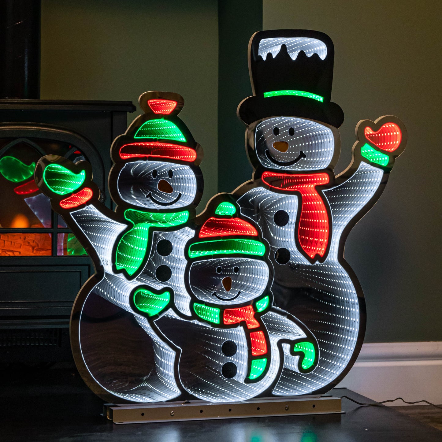 65cm Infinity Standing Snowmen Family on Metal Base with White, Red & Green LEDs