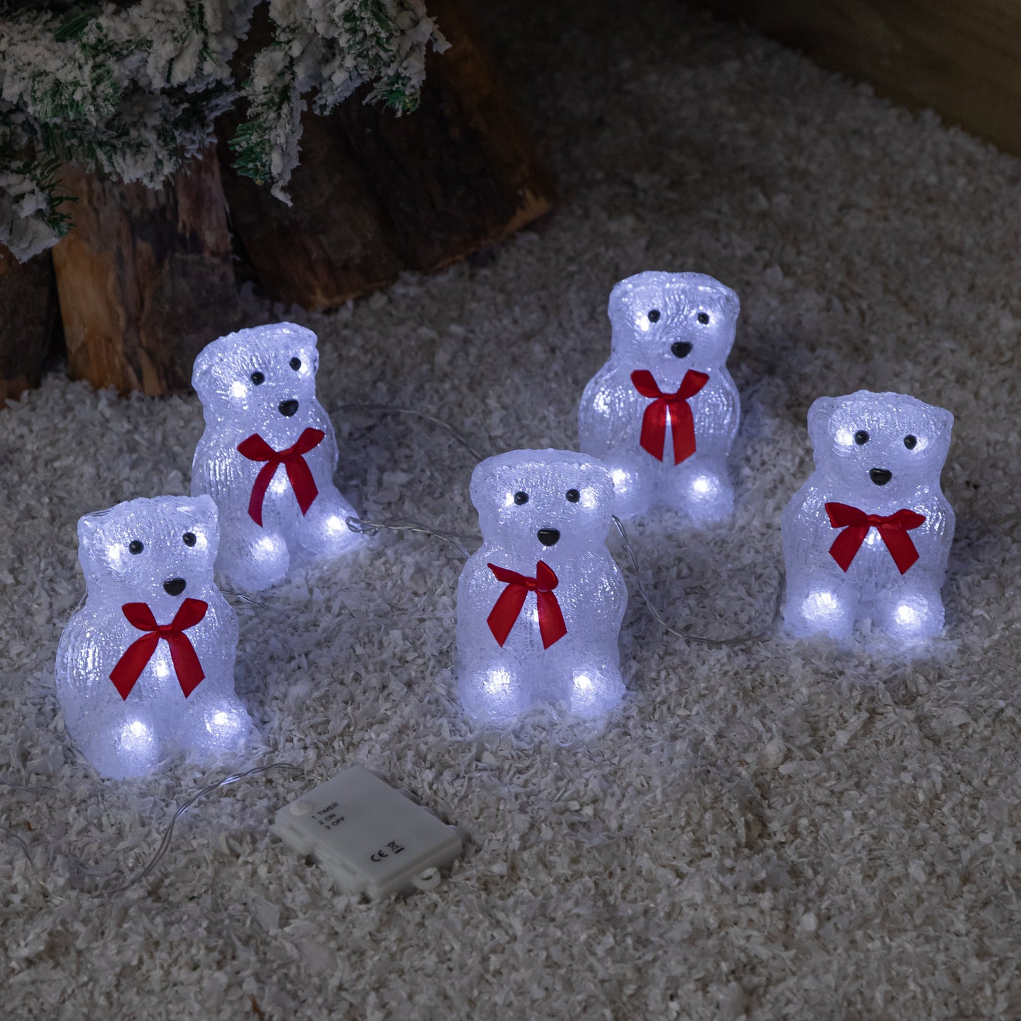 12cm Set of 5 Battery Operated Light up Christmas Polar Bears Ornaments with 40 Cool White LEDs