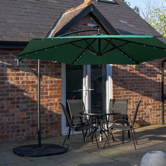 Outdoor 4 Person Round Glass Top Garden Dining Table Chairs With Green Banana Lit Parasol and Base