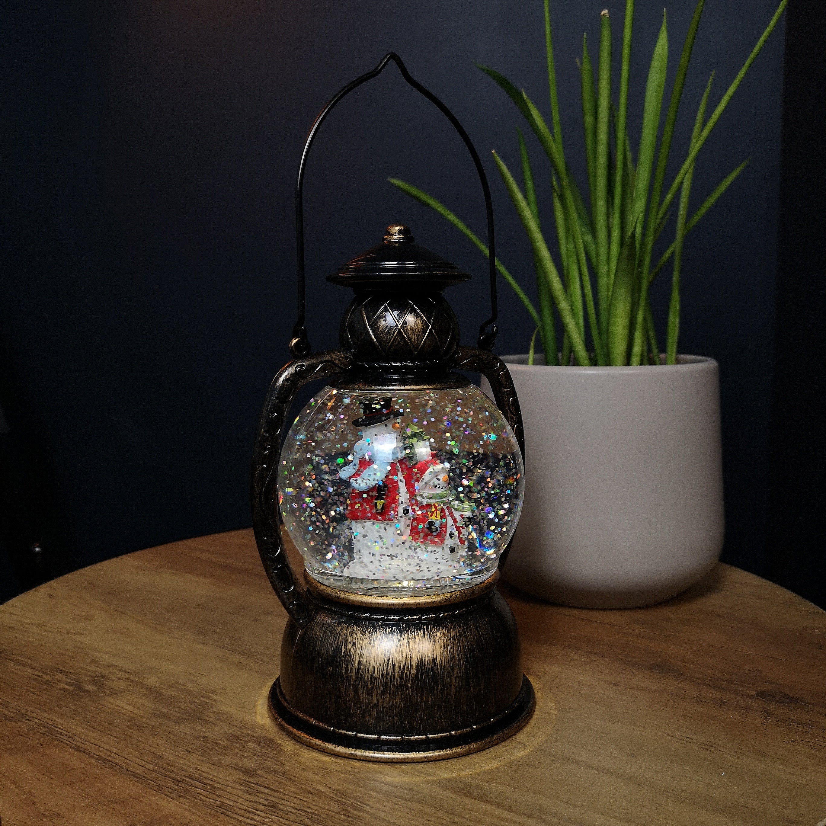20cm LED Christmas Glitter Water Spinner Antique Lantern Snowy Snowman Scene