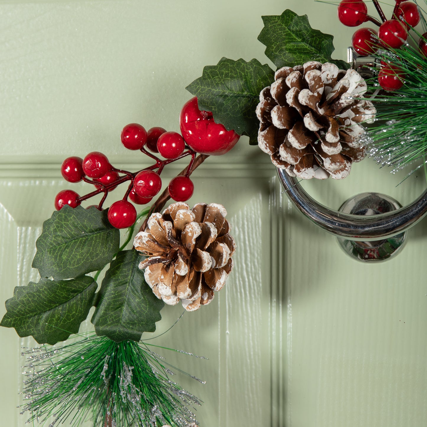 45cm Hanging Christmas Wreath with Red Berries and Frosted Pinecones