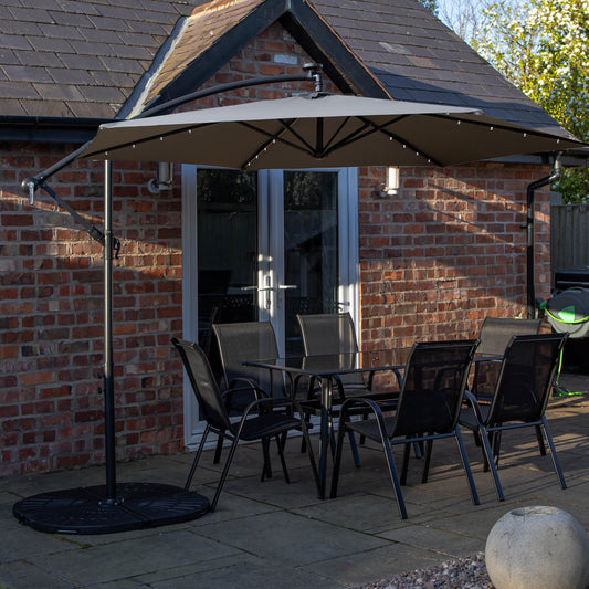 Outdoor 6 Person Rectangular Glass Top Garden Dining Table Chairs With Grey Banana Lit Parasol and Base