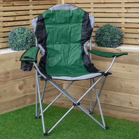 Luxury Padded High Back Outdoor Folding Chair with Cupholder in Green