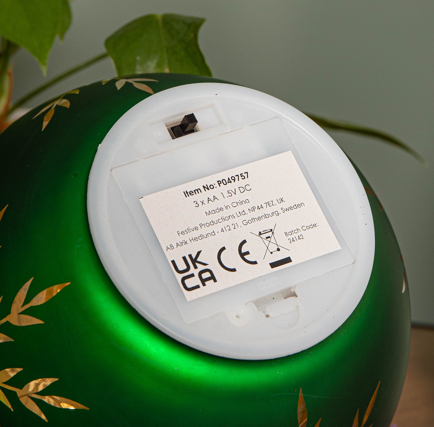 15cm Battery Operated Light up Snowflake Glass Ball in Green with Warm White LEDs