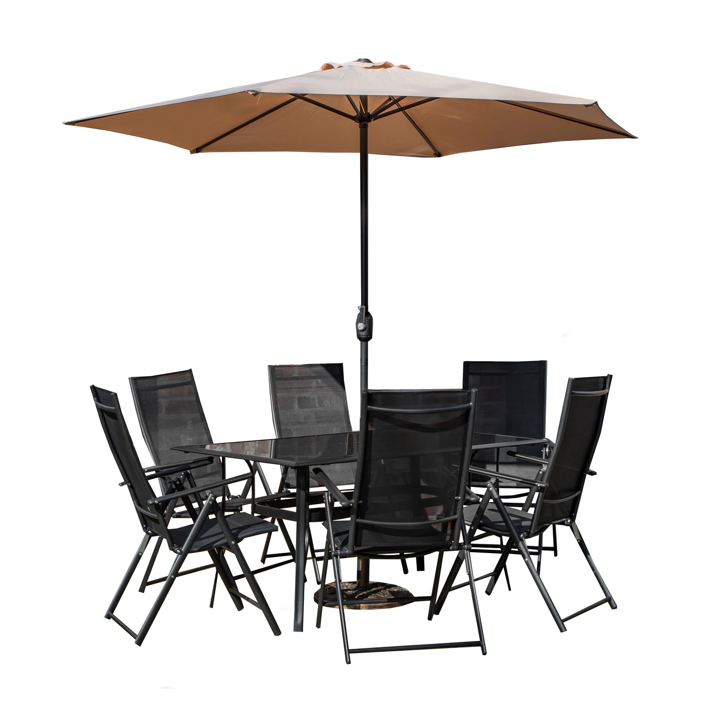 Outdoor 6 Person Rectangular Glass Top Garden Dining Table Chairs With Beige Parasol and Base Set