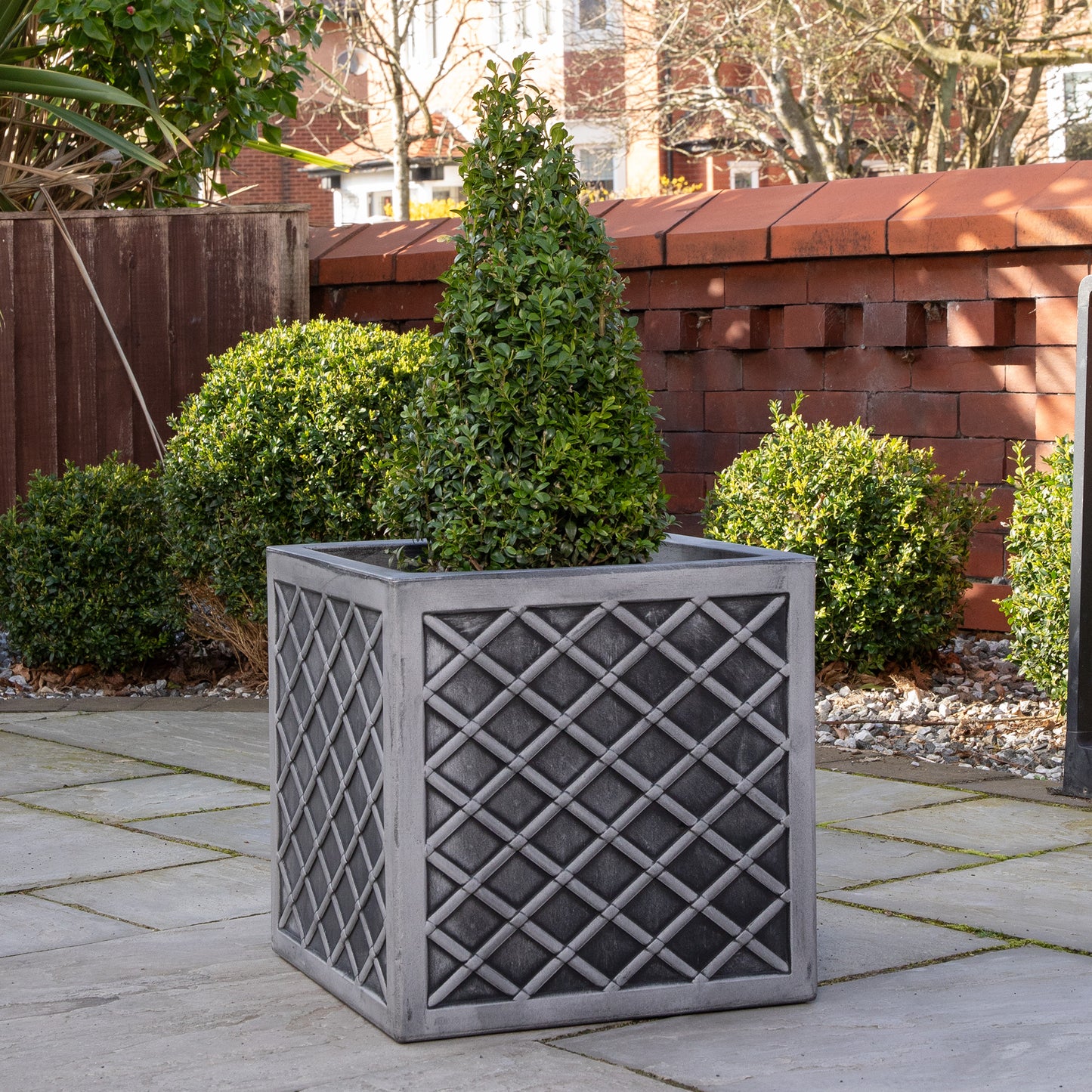 39cm Large Square Plastic Pewter Effect Grey Garden Patio Planter